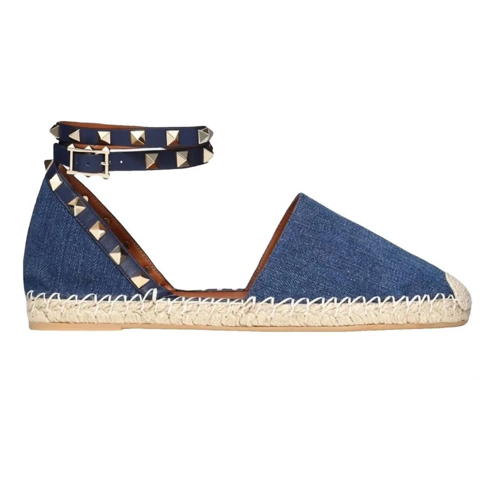 Valentino Garavani Blue Denim Rockstud Ankle Wrap Espadrilles